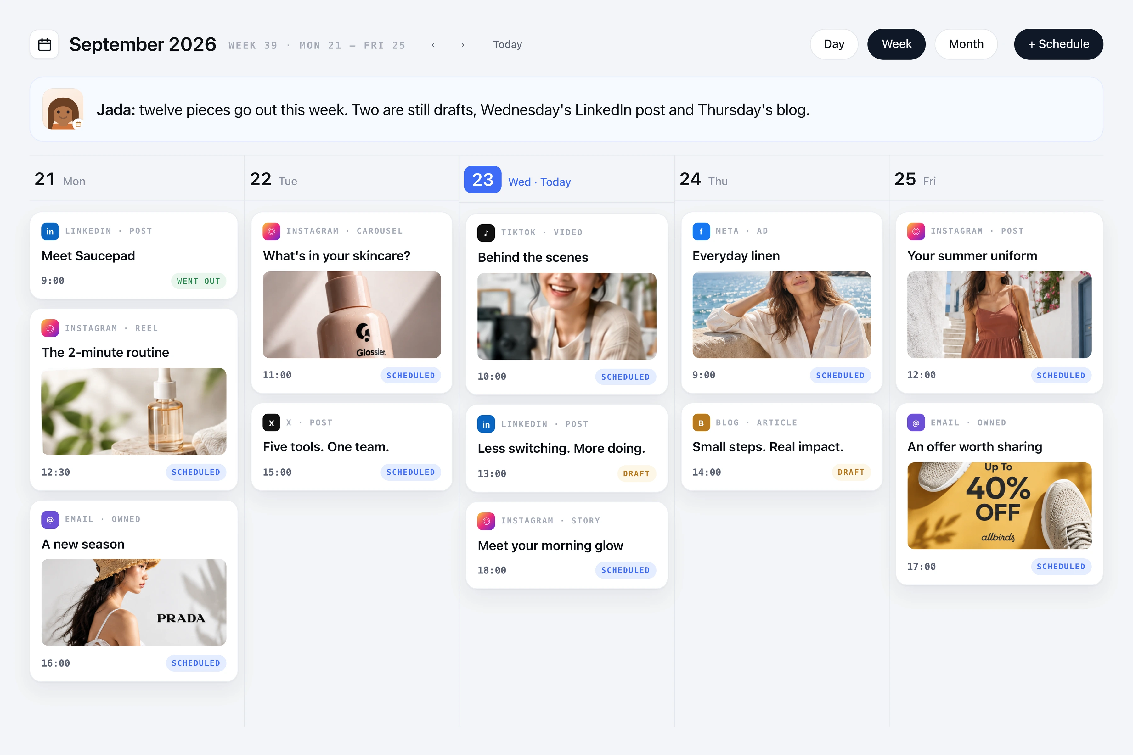 A five-day content calendar with posts across every channel