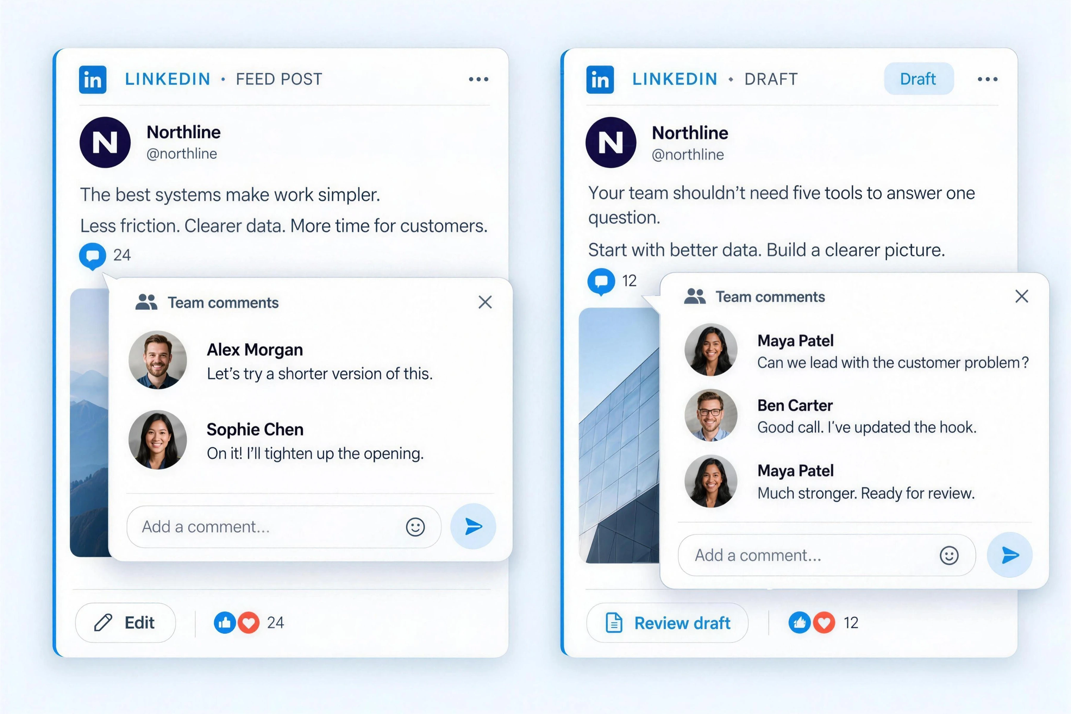 Team comments pinned to a LinkedIn post