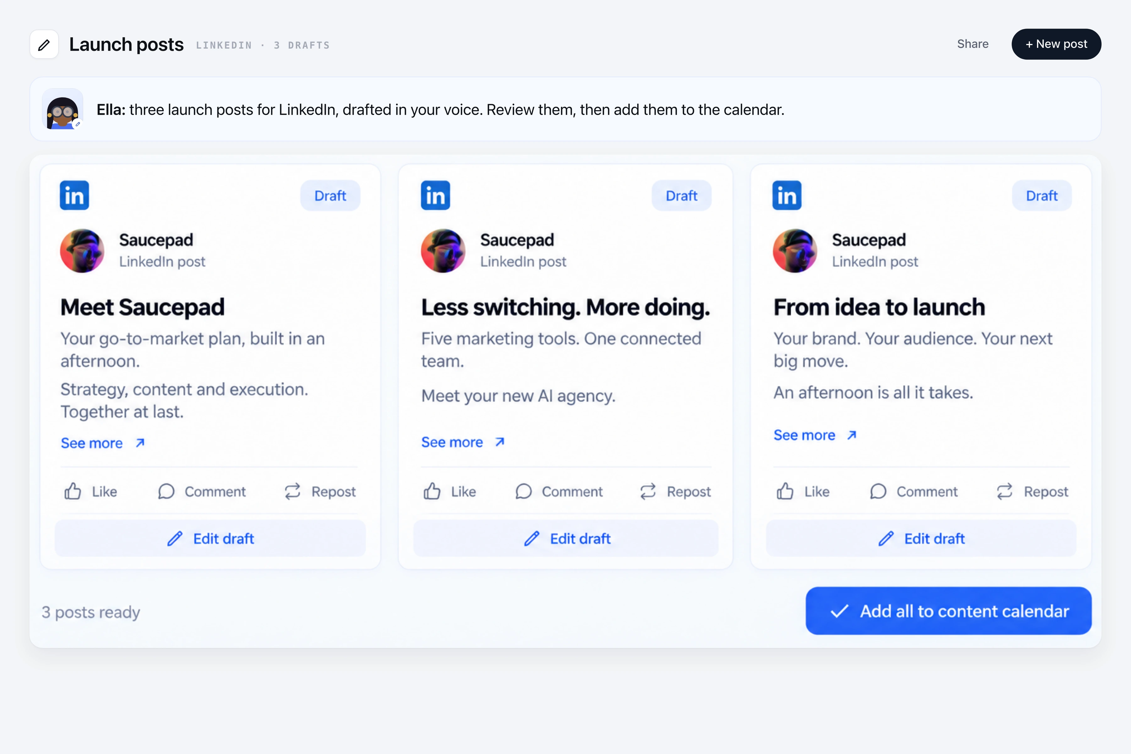 Three LinkedIn drafts ready for review