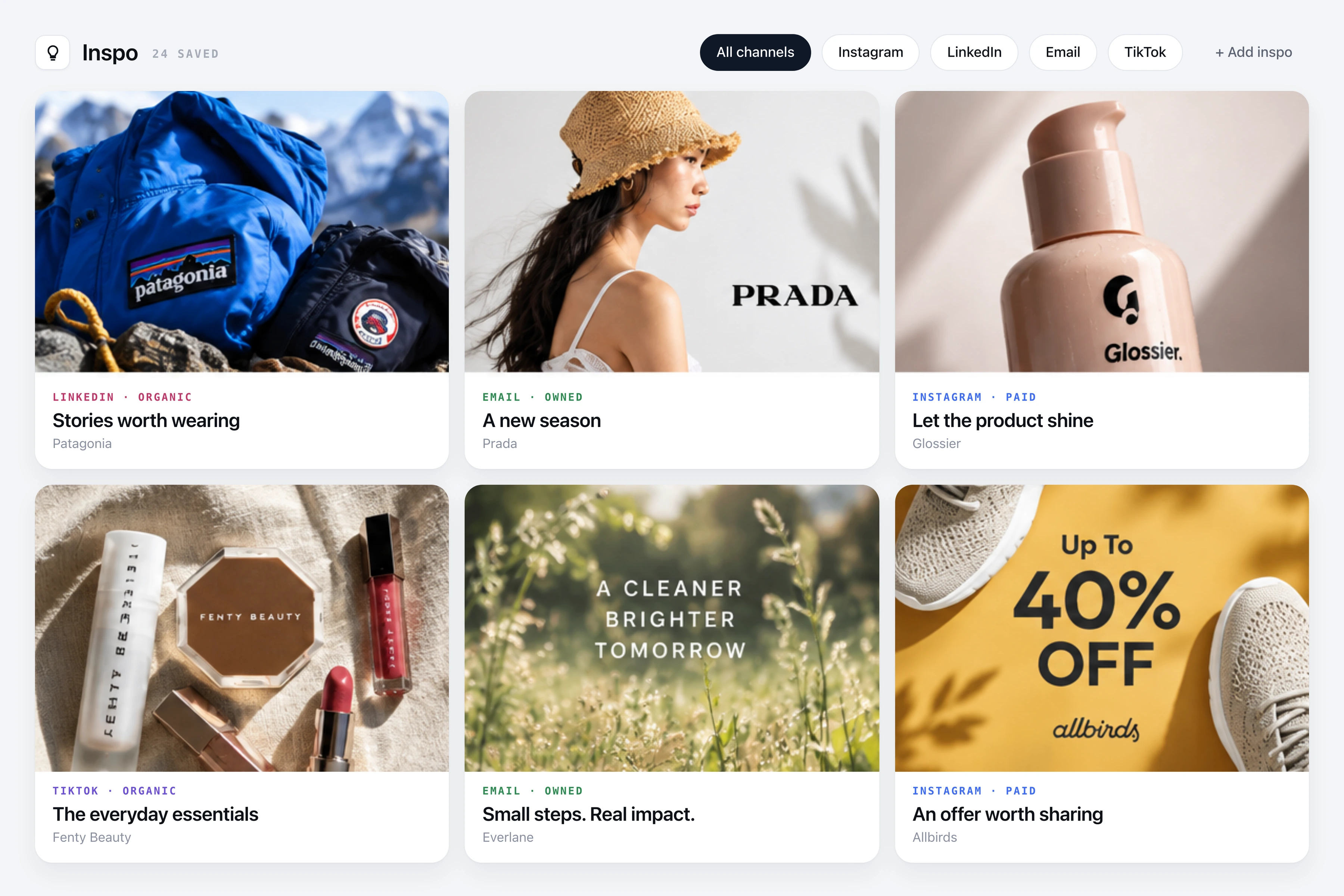 Saved inspiration from other brands, filed by channel