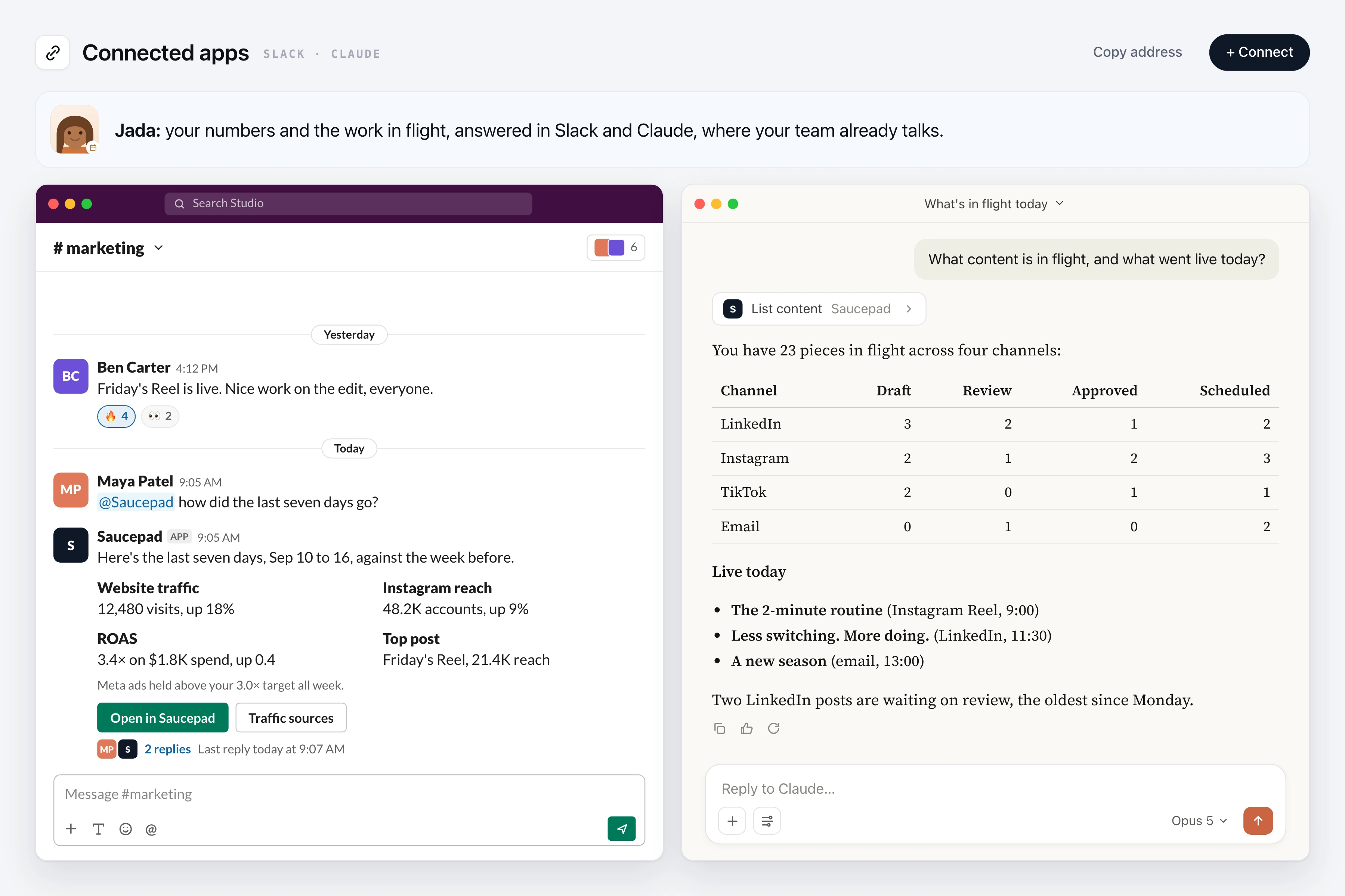 Saucepad answering in a Slack channel and in Claude